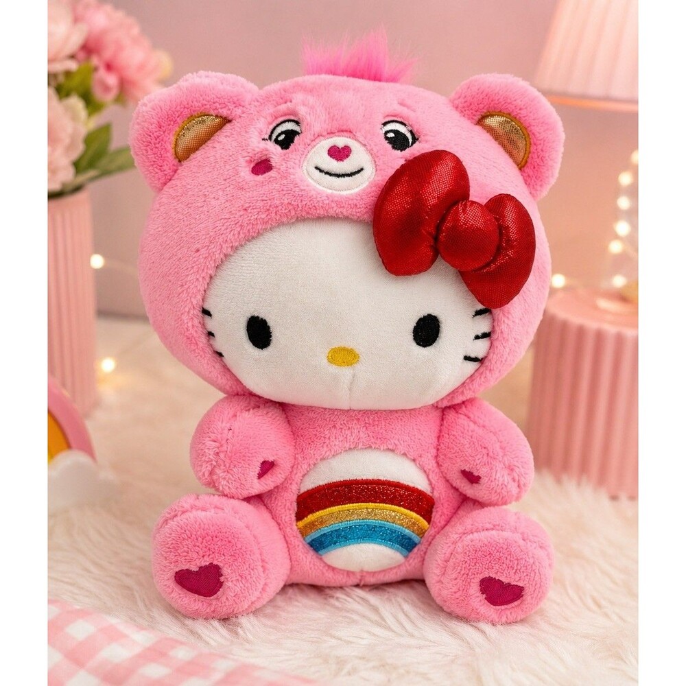Hello Kitty x Care Bears Cheer Bear Plush 8” Pink Rainbow Basic Fun Sanrio 2023